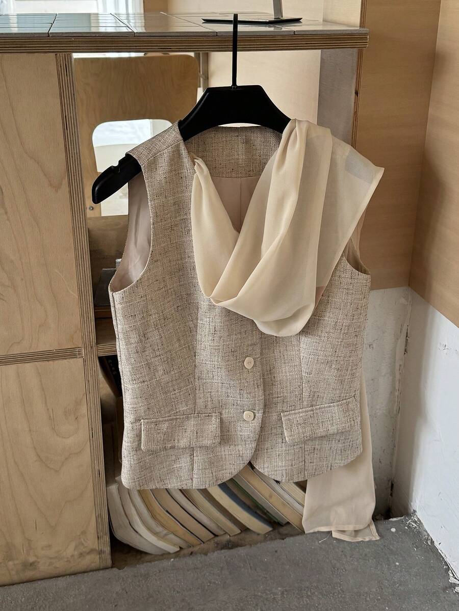 DAZY Áo khoác mỏng không tay phối nhiều mảnh dành cho nữ, áo vest thanh lịch cho kỳ nghỉ hè. - Màu Khaki - Xem 1