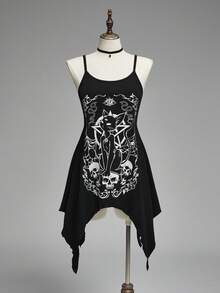 ROMWE Women's Vintage Dark Gothic Mysterious Black Cat Astrology Pattern Asymmetrical Hem A-Line Long Camisole Top - Black - View 1