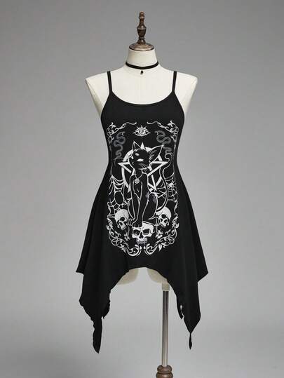 ROMWE Débardeur long asymétrique à motif astrologique de chat noir gothique vintage mystérieux pour femmes