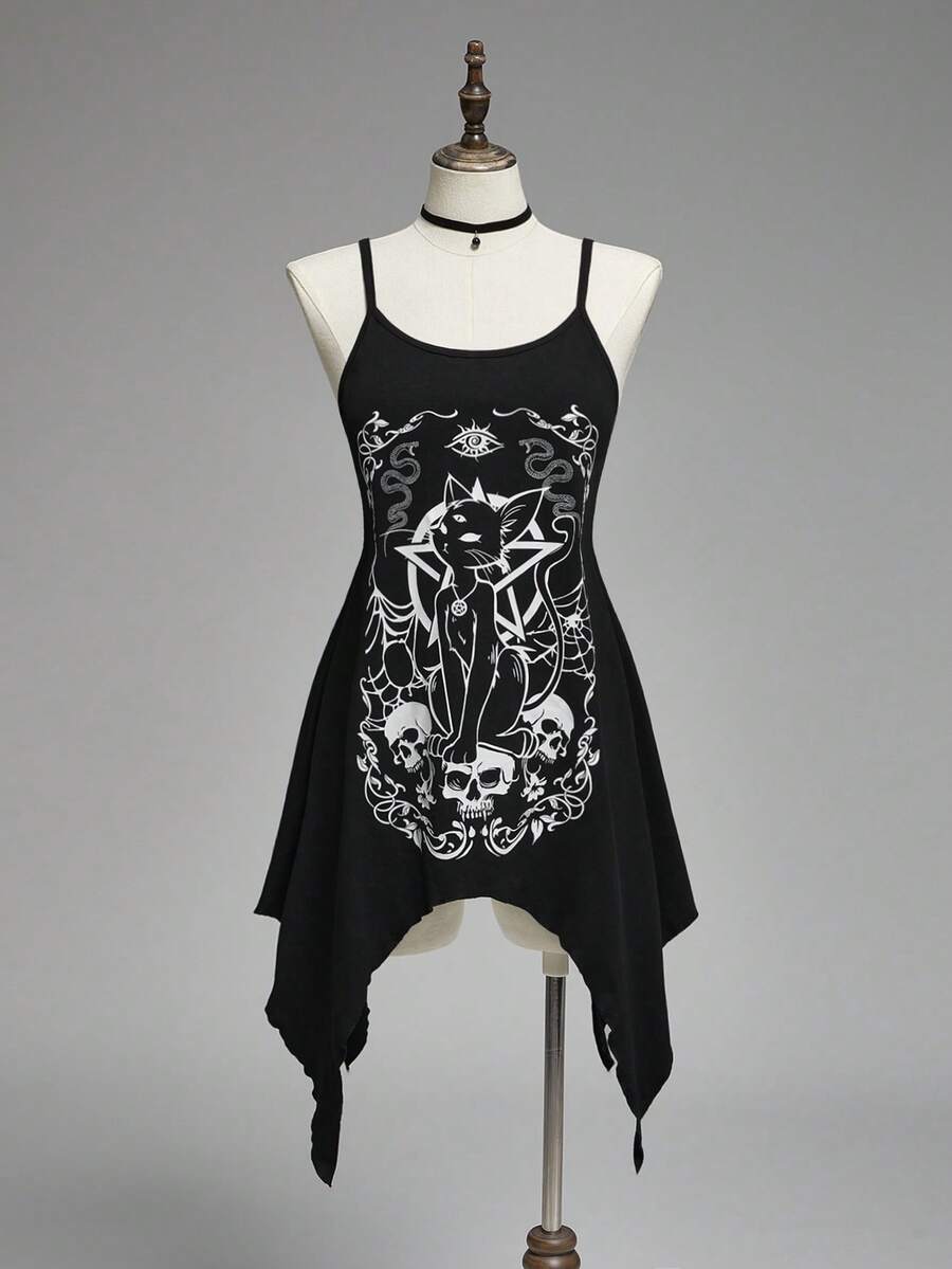 ROMWE Women's Vintage Dark Gothic Mysterious Black Cat Astrology Pattern Asymmetrical Hem A-Line Long Camisole Top - Black - View 1
