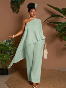Maweii 2pcs/Set Atasan & Celana Pendek Longgar Warna Kuning Kasual untuk Liburan dan Perjalanan, Ukuran Plus, Cocok untuk Musim Semi, Musim Panas, Musim Gugur - Mint Green - View 3