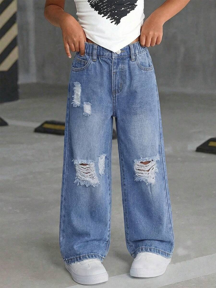 Girls' Casual Versatile Distressed Straight Leg Jeans - Dark Wash - View 1