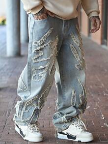 Devon Thys Quần jean denim rách thêu phong cách đường phố thường ngày dành cho nam, màu xanh lam - Rửa trung bình - Xem 6