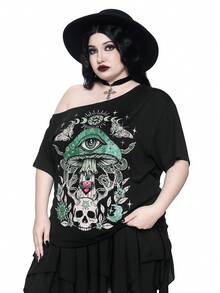 Goth 大码做旧蘑菇骷髅印花单肩T恤 - 黑色 - 查看 5