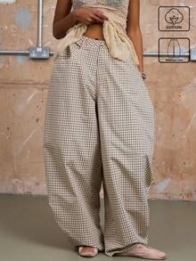 COUREZ Pantalones holgados de tiro bajo a cuadros de algodón unisex para mujeres y hombres - Albaricoque - Ver 1
