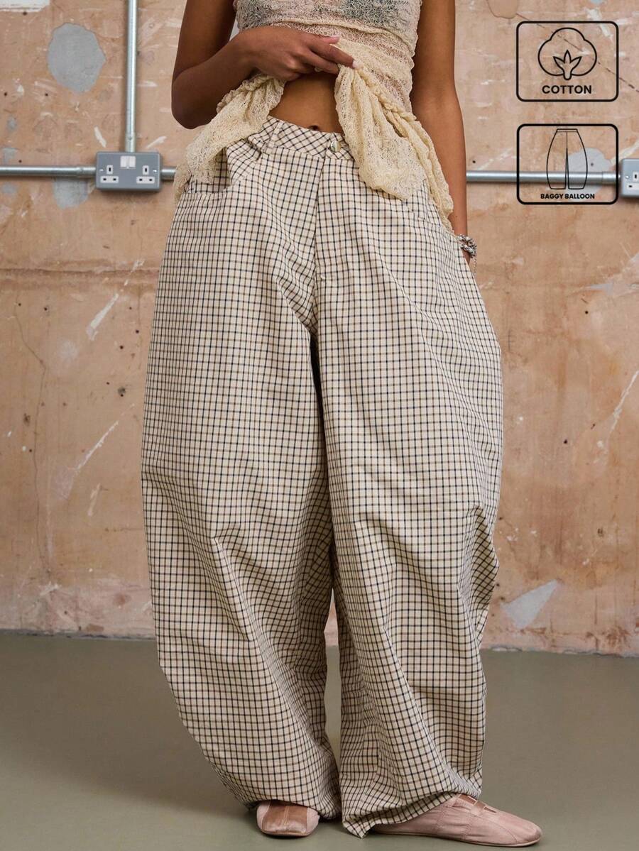 COUREZ Pantalones holgados de tiro bajo a cuadros de algodón unisex para mujeres y hombres - Albaricoque - Ver 1