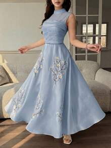 Feyla Women's Floral Embroidered Mandarin Collar Pleated Design Elegant Sleeveless Dress - Blue - View 9