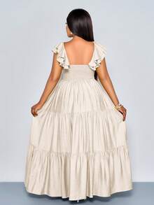 SOLERSUN Women's Plus Size Beige Summer Elegant Tea Party Wedding Guest Holiday Boho V-Neck Pleated A-Line Maxi Dress, Beach Vacation Hawaii Swing - Apricot - View 2