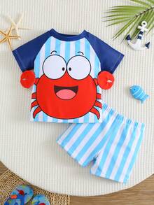 2pcs Baby/Baby Boy Crab Print Blue Striped Contrast Color Long Sleeve Top And Striped Pants Swimwear, Suitable For Vacation, Beach, Surfing, Baby Boy Swimwear, Long Sleeves Swimwear - Multicolor - View 10