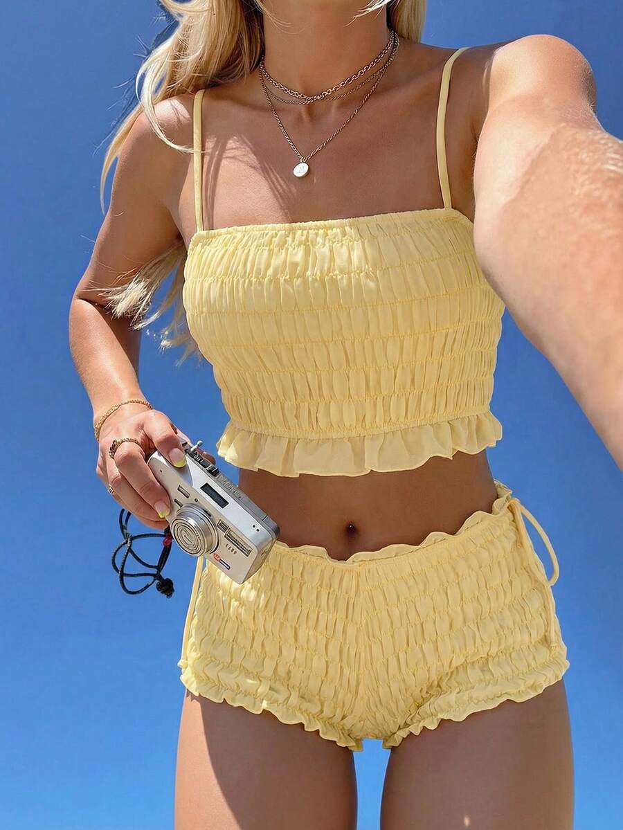 Swim Mod Bộ đồ bơi nữ bằng vải chiffon xếp ly, bikini hai mảnh kiểu dáng ngọt ngào, đồ bơi nữ đa năng thoải mái cho kỳ nghỉ biển, mùa xuân/hè. - Vàng nhạt - Xem 1