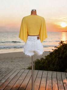 Lunelith SHEIN Lunessa Áo khoác cardigan ngắn màu trơn thắt nơ phía trước dành cho nữ, thích hợp cho kỳ nghỉ. - Màu vàng - Xem 2