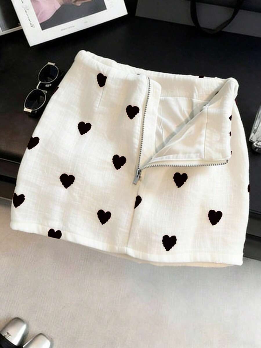 Franclia Rok Model Korea Pinggang Rendah A-Line Modis Terbaru dengan Motif Hati dan Resleting untuk Wanita - Putih - View 1
