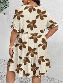 SHEIN Frenchy Brown Color Block Floral Plus Size Women Holiday Ruffle Hem Dress - Multicolor - View 2