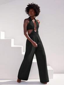 NYA SZN Jumpsuit Denim Halter Neck Plunge Long Pant Metal Detail Date Eveeryday Concert Outfits For Women - Black - View 3