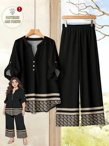 Rusticease Set de 2 piezas de top de manga corta con ajuste holgado y pantalones de pierna ancha con estampado, adecuado para otoño/verano, talla grande - Negro - Ver 1