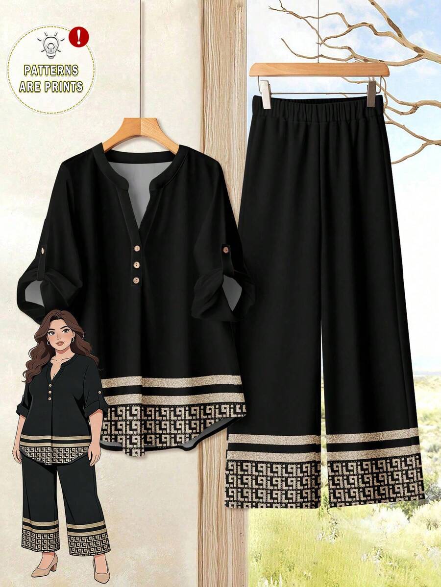 Rusticease Set de 2 piezas de top de manga corta con ajuste holgado y pantalones de pierna ancha con estampado, adecuado para otoño/verano, talla grande - Negro - Ver 1
