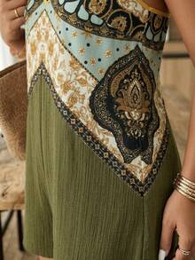 Weeklong Plus Size Twist Knot Camisole,Palace Floral Print Patchwork Textured Fabric Military Green Romper,Boho Light Blue Summer Vacation Casual Jumpsuit - Multicolor - View 4