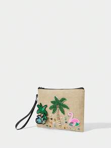 SHECARRY 1pc Ladies Fashionable Summer Vacation Bohemian Summer Style Coconut Tree Flamingo Colored Acrylic Bead Clutchs, For Beach, Vacation, Holiday, Summer, Seaside, Beach Party (Colored Acrylic Beads Randomly) - Beige - View 3