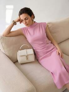 Uhlyne Uhlyne Summer Pink Elegant Office Diagonal-Striped Round-Neck Sleeveless Pleated Dress,Sophisticated Figure-Flattering Formal Gathering Bridesmaid Attire - Pink - View 6