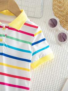 SHEIN Young Girl White Summer Rainbow Striped Polo Collar Knit Dress,Matching Princess 7th Birthday Outfit,Family Vacation Pride Month Casual Beach Wear - Multicolor - View 8