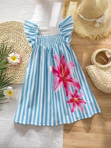 SHEIN 少女夏季度假条纹印花荷叶边连衣裙 - 彩色 - 查看 5