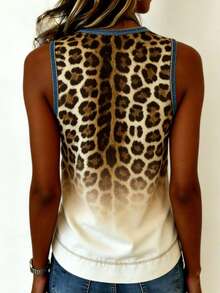 EMERY ROSE Nueva llegada Blusa de mujer de efecto de mezclilla con estampado de leopardo degradado en tono regular - Marrón - Ver 2