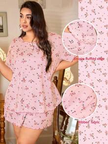 CottageSlumber Plus Size Women Small Ditsy Floral Ruffle Hem Short Sleeve Shorts Pajama Set - Pink - View 2