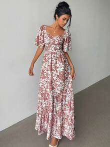 Selianne Summer Short Sleeve Vacation Beach Music Festival Pink Floral Print Dress - Rusty Rose - View 1