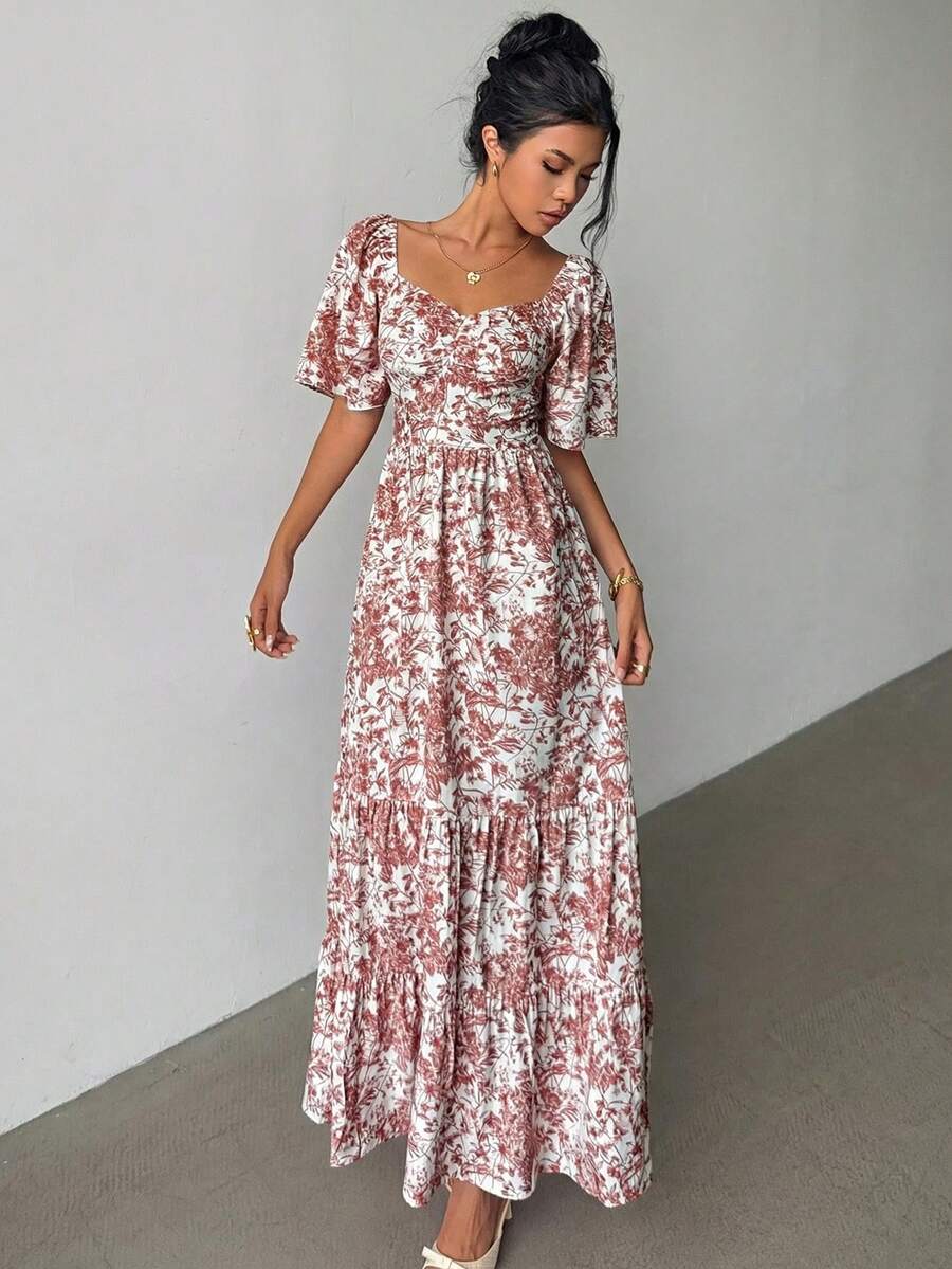 Selianne Summer Short Sleeve Vacation Beach Music Festival Pink Floral Print Dress - Rusty Rose - View 1