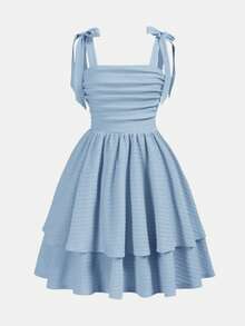 SHEIN Đầm dệt kim xếp lớp màu xanh dương trơn, dây mảnh, nơ thắt eo, kiểu dáng chữ A, dễ thương và thanh lịch cho bé gái tuổi teen, thích hợp cho các buổi đi chơi, tiệc tùng, mùa xuân/hè, kỳ nghỉ và các dịp lễ. - Màu xanh lam - Xem 2