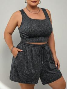 SHEIN CURVE+ 大码女式彩色蜂窝网眼面料运动套装，包括背心和短裤 - 黑色 - 查看 5
