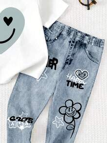 Denim-Look Cartoon Face & Handpainted Graphic Loose T-Shirt And Leggings Set,Soft Comfortable Summer Back-To-School Fashion Outfit For Girls,School - Multicolor - View 6