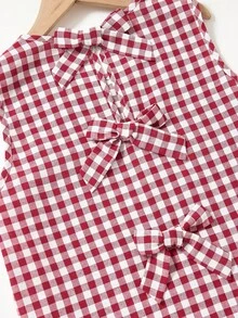 SHEIN Bộ đồ mùa hè cho bé gái tuổi teen, kiểu dáng thường ngày, kẻ caro, có nơ trang trí, gồm áo hai dây và quần short. - Đỏ - Xem 7