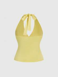 ROMWE Grunge Punk Plus Size Women's Summer Outfits Sexy Beach Vacation Style Solid Color Ruched Tie Front Halter Top - Pale Yellow - View 2