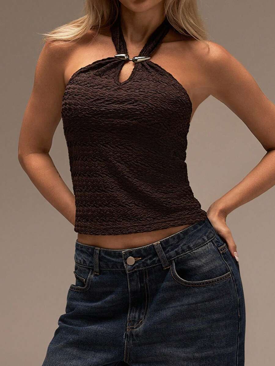 SHEIN Forever 21 Top halter para vacaciones en la playa, ferias del Renacimiento, conciertos country, graduación, salidas, festivales de música, aeropuerto, Pascua, estilo bohemio para mujeres - Café integral - Ver 1