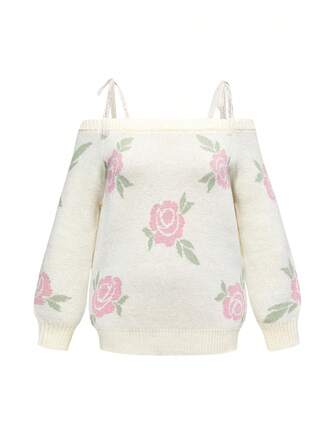 Kawaii Plus Size Vintage Romantic Off Shoulder Rose Knitted Sweater, Autumn/Winter