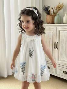 SHEIN Vintaside Kids 女婴花朵网纱蝴蝶结装饰无袖连衣裙 - 白色 - 查看 9