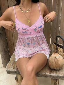 Sunnyshic 波西米亚复古浪漫性感甜美千禧少女纯复古奢华度假休闲约会购物派对音乐节串珠刺绣透视V领蕾丝拼接绿色吊带背心，适合春夏秋季穿着。 - 粉色 - 查看 3