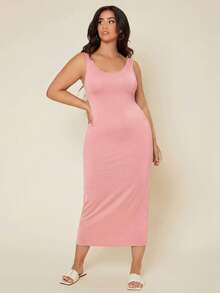 SHEIN BASICS 加大码纯色修身休闲晚宴约会连衣裙 - 粉色 - 查看 3
