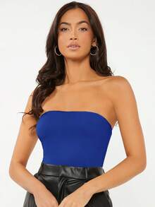 SHEIN BASICS 女士休闲度假通勤纯色修身抹胸上衣 - 寶藍色 - 查看 4