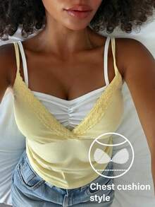 Livesso Contrast Color 2 In 1 Lace Patchwork Camisole Top With Built-In Padded Bra For Women Summer - Yellow - View 5