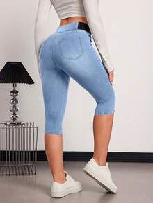SHEIN Tall 夏季女款休閒外出日常通勤簡約百搭高腰鬆緊腰 3/4 長度緊身牛仔褲，適合高個女性 - 淺色水洗藍 - 查看 2