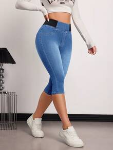 SHEIN Tall 夏季女款休閒外出日常通勤簡約百搭高腰鬆緊腰 3/4 長度緊身牛仔褲，適合高個女性 - 中等水洗藍 - 查看 7
