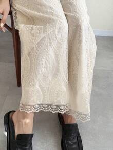 FRIFUL Quần nữ ống đứng dáng rộng, chất liệu ren xuyên thấu, màu be trơn, kiểu dáng thường ngày. - Màu be - Xem 5