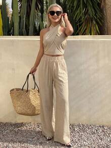 DAZY 夏季新款系带露背吊带背心和直筒裤休闲两件套女装 - 杏色 - 查看 4