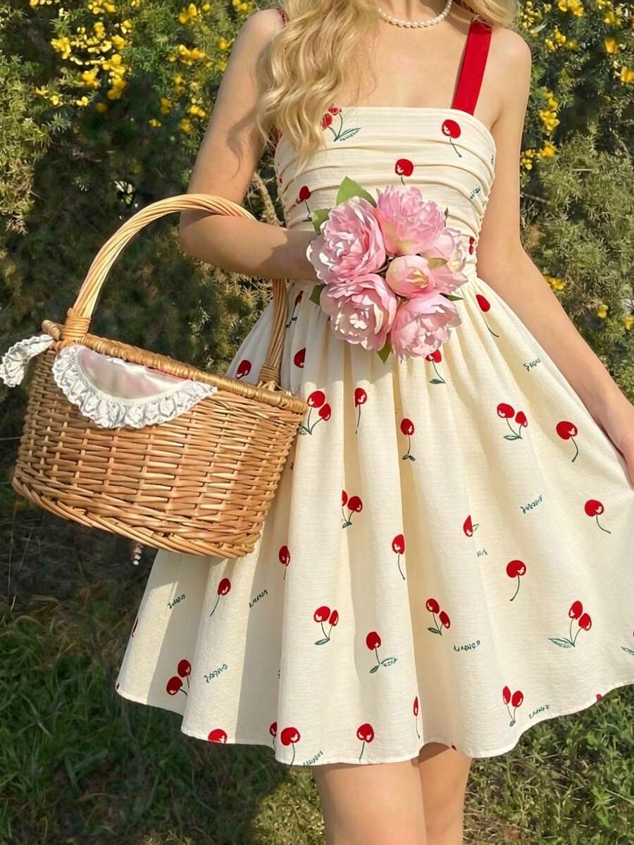 SHEIN Elegant And Fashion Dress For Tween GirlsCherry Texture Fabric Print, Front Pleated Colorblock, Adjustable Spaghetti Straps, Open Back Design, Suitable For Summer Occasions Like Parties, Dinners, Picnics - Multicolor - View 1