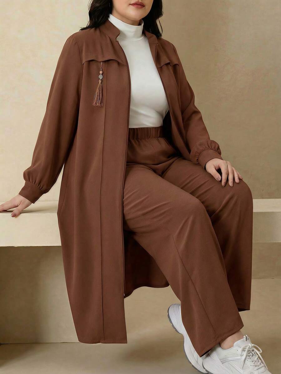 Modelyn 优雅纯色拉链长袖外套套装,阿拉伯风格女装,秋冬款 - 咖啡棕 - 查看 1