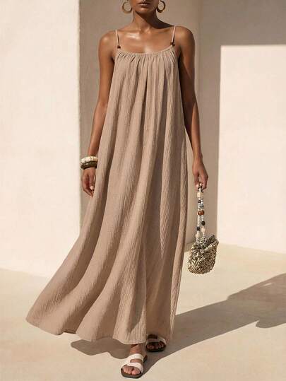 Zivah 2026 Spring/Summer New Khaki Spaghetti Strap Loose Pleated Wood Bead Decor A-Line Maxi Dress, Vacation Style