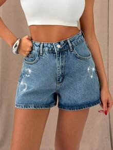 SHEIN Women's High Waist Washed Rhinestone Embroidered Casual Jeans - Medium Wash - View 5