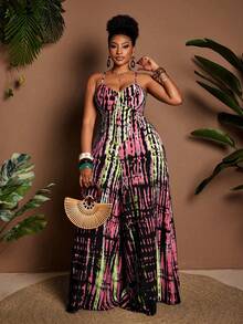 Maweii Bộ jumpsuit hai dây gợi cảm dành cho nữ cỡ lớn, chất liệu dệt in họa tiết. - Hồng - Xem 6